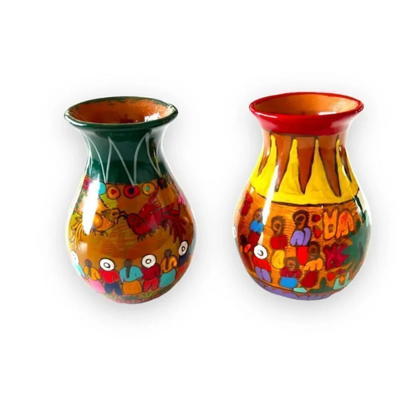 Vintage Handpainted Mexican Pottery Vases Red Clay Small Vessels Jugs Colorful 2 - Picture 12 of 12